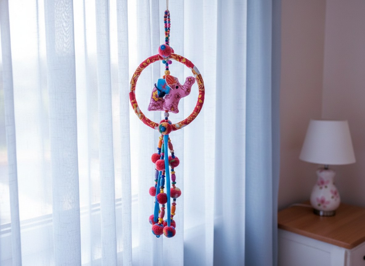Móbile de elefante artesanal colorido com guizos elefantinho rosa