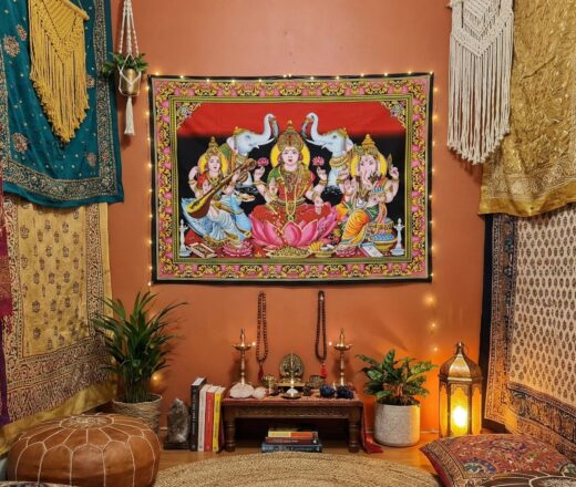 Painel grande clássico de deidade hindu paisagem - Lakshmi e devis