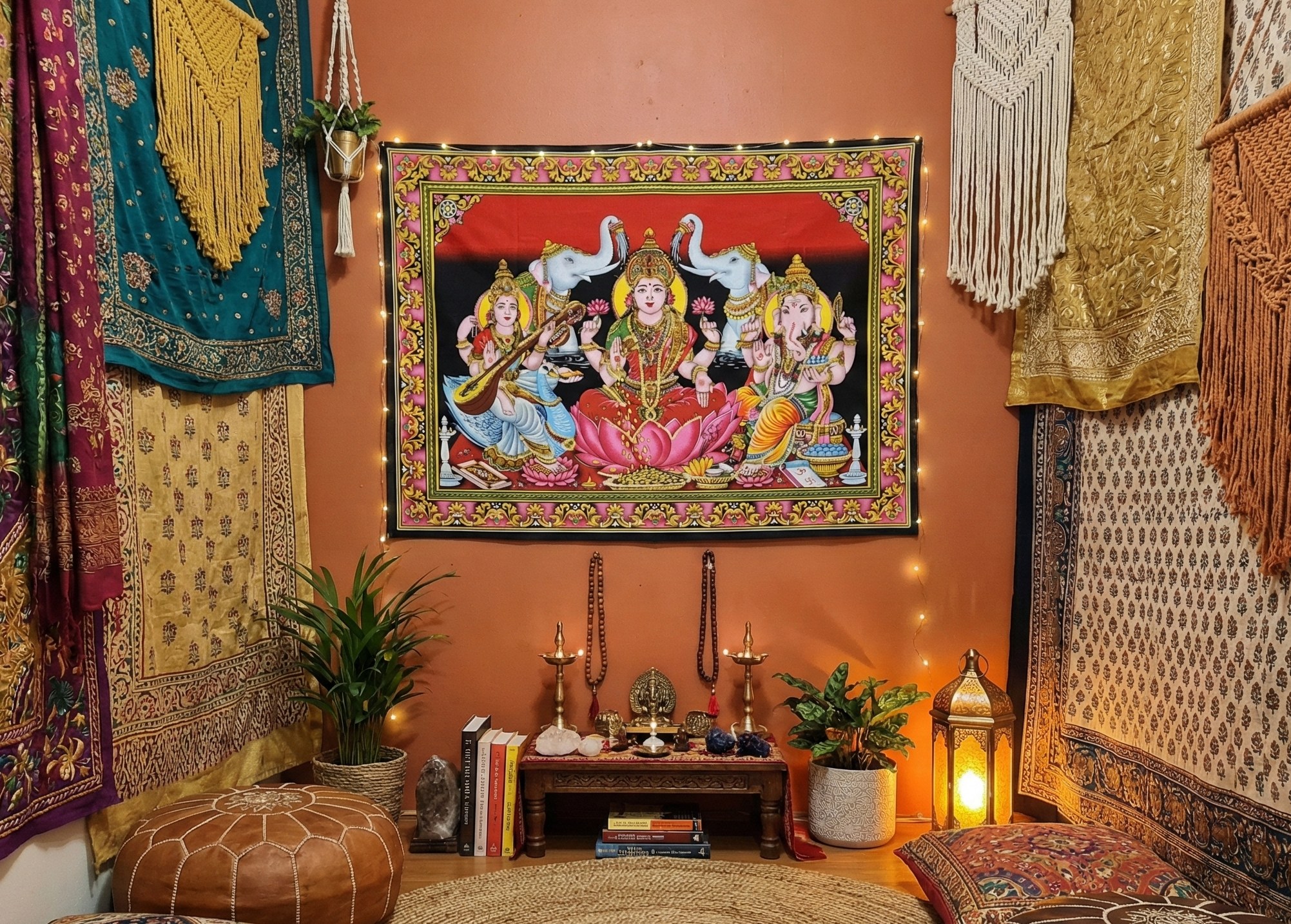 Painel grande clássico de deidade hindu paisagem - Lakshmi e devis
