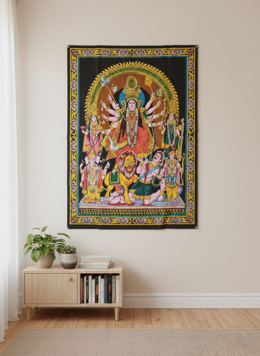 Painel grande clássico de deidade hindu Durga e Devis