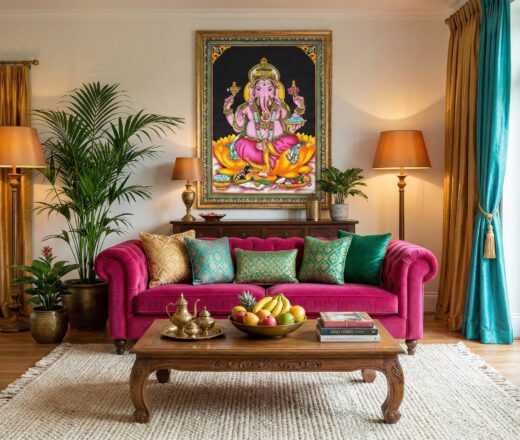 Painel de tecido com imagem clássica de Ganesha na Flor de Lótus