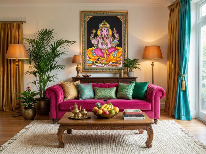 Painel de tecido com imagem clássica de Ganesha na Flor de Lótus