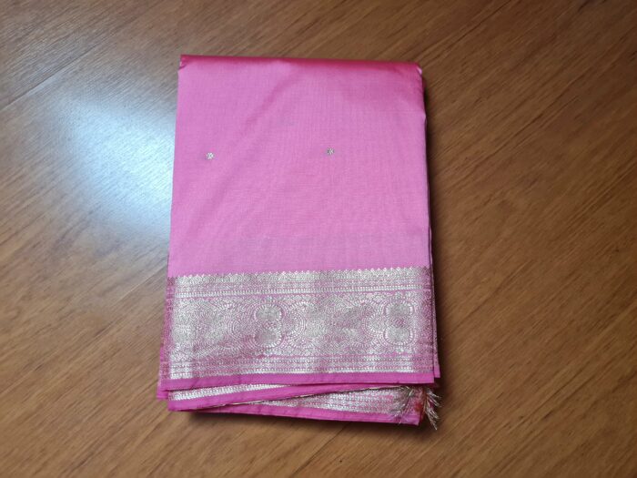 Sari indiano algodão com viscose liso rosa com barra de Jacquard dourado