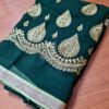 Sari indiano de crepe de seda verde e dourado bordado