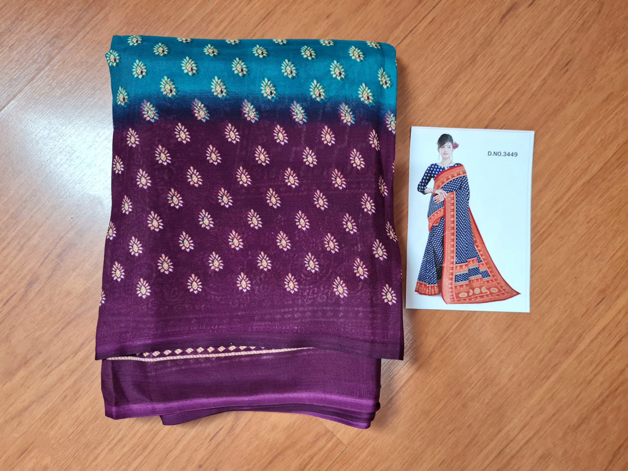 Sari indiano viscose com estampa de arabescos turquesa e roxo
