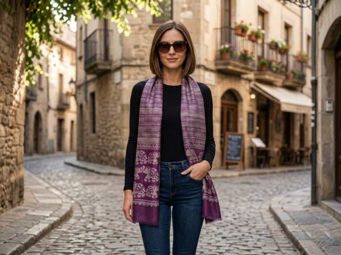 Pashimina indiana estampa de elefantes roxo e bege