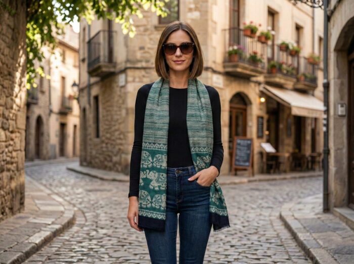 Pashimina indiana estampa de elefantes verde e bege