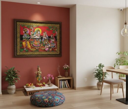 Painel grande clássico de deidade hindu Radha e Krishna com Gopis