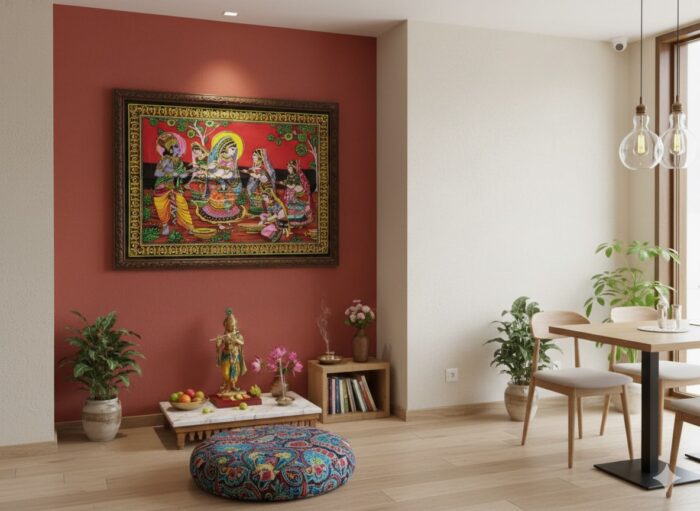 Painel grande clássico de deidade hindu Radha e Krishna com Gopis