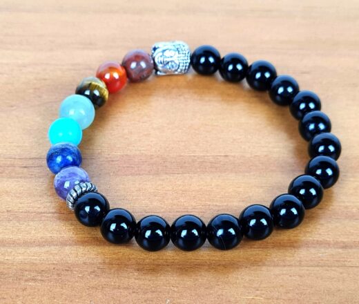 Pulseira indiana 7 chakras Ágata preta com pedras naturais e berloque de Buda