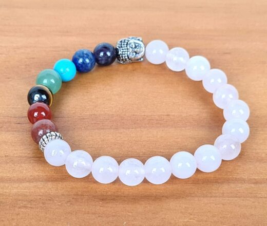 Pulseira indiana 7 chakras Quartzo rosa com pedras naturais e berloque de Buda