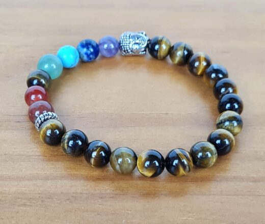 Pulseira indiana 7 chakras Olho de Tigre com pedras naturais e berloque de Buda