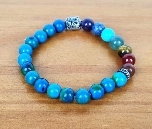 Pulseira indiana 7 chakras Crisocola com pedras naturais e berloque de Buda