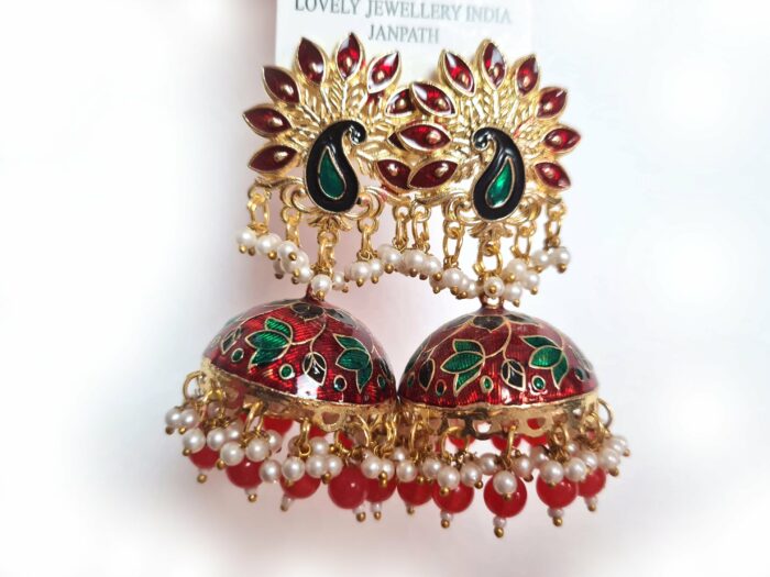Brinco indiano Meenakari Jhumka vermelho design pavão