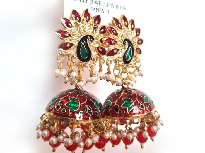 Brinco indiano Meenakari Jhumka vermelho design pavão