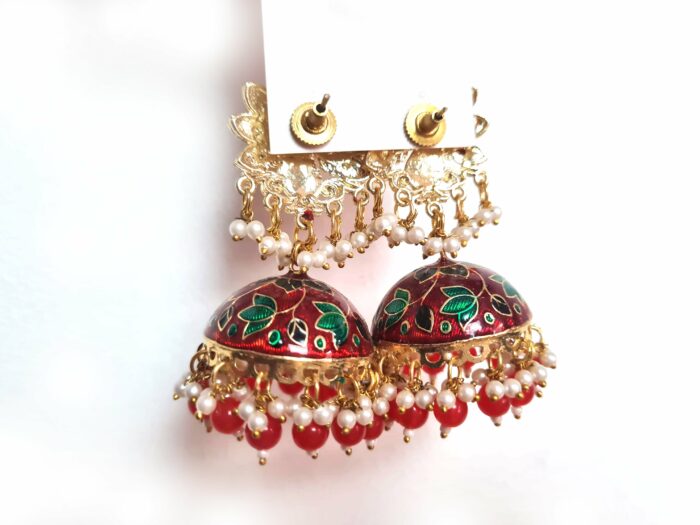 Brinco indiano Meenakari Jhumka vermelho design pavão