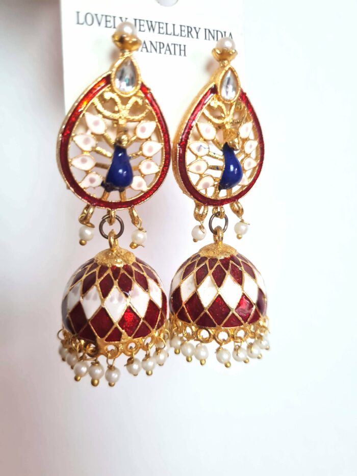Brinco indiano Meenakari Jhumka vermelho e dourado