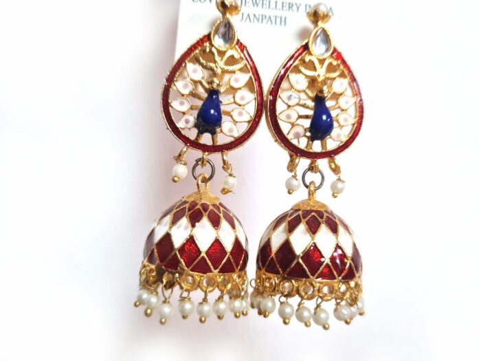 Brinco indiano Meenakari Jhumka vermelho e dourado