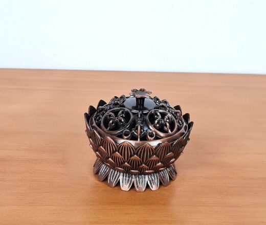 incensário turíbulo de mesa design flor de lótus com arabescos cor cobre com tampa