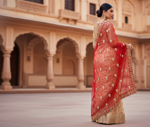 Dupatta vermelha e dourada de noiva com bordados pedras e barrado luxo