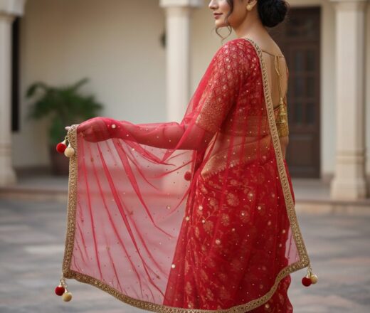 Dupatta vermelha e dourada de noiva com bordados pompons e barrado luxuoso