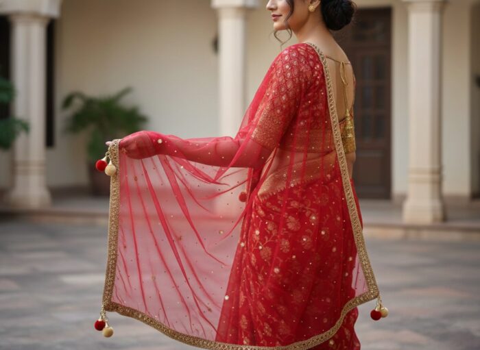 dupatta-vermelha-dourada-berloques Dupatta vermelha e dourada de noiva com bordados pompons e barrado luxuoso