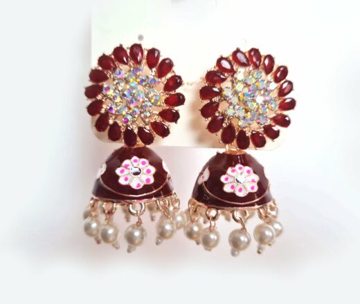 Brinco indiano Jhumka cor vermelho e rosa com pedrarias e guizos de pérolas