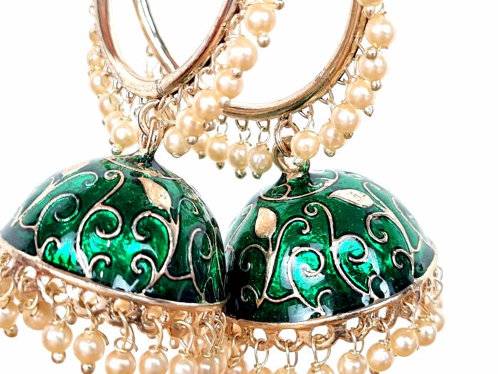 Brinco indiano Meenakari Jhumka sino verde com pérolas