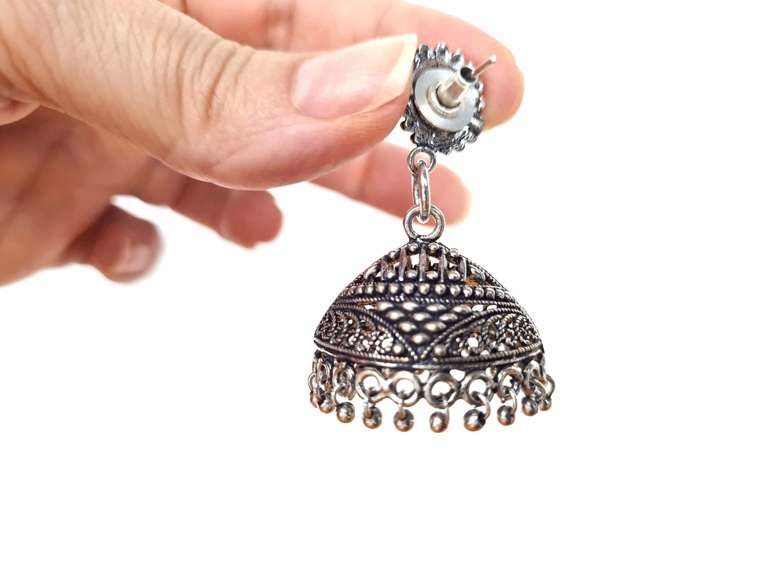 Brinco indiano design Jhumka prateado sino alongado – Bazar Indiano