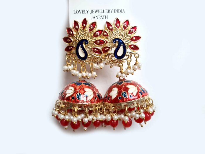 Brinco indiano Meenakari Jhumka vermelho e marinho design pavão