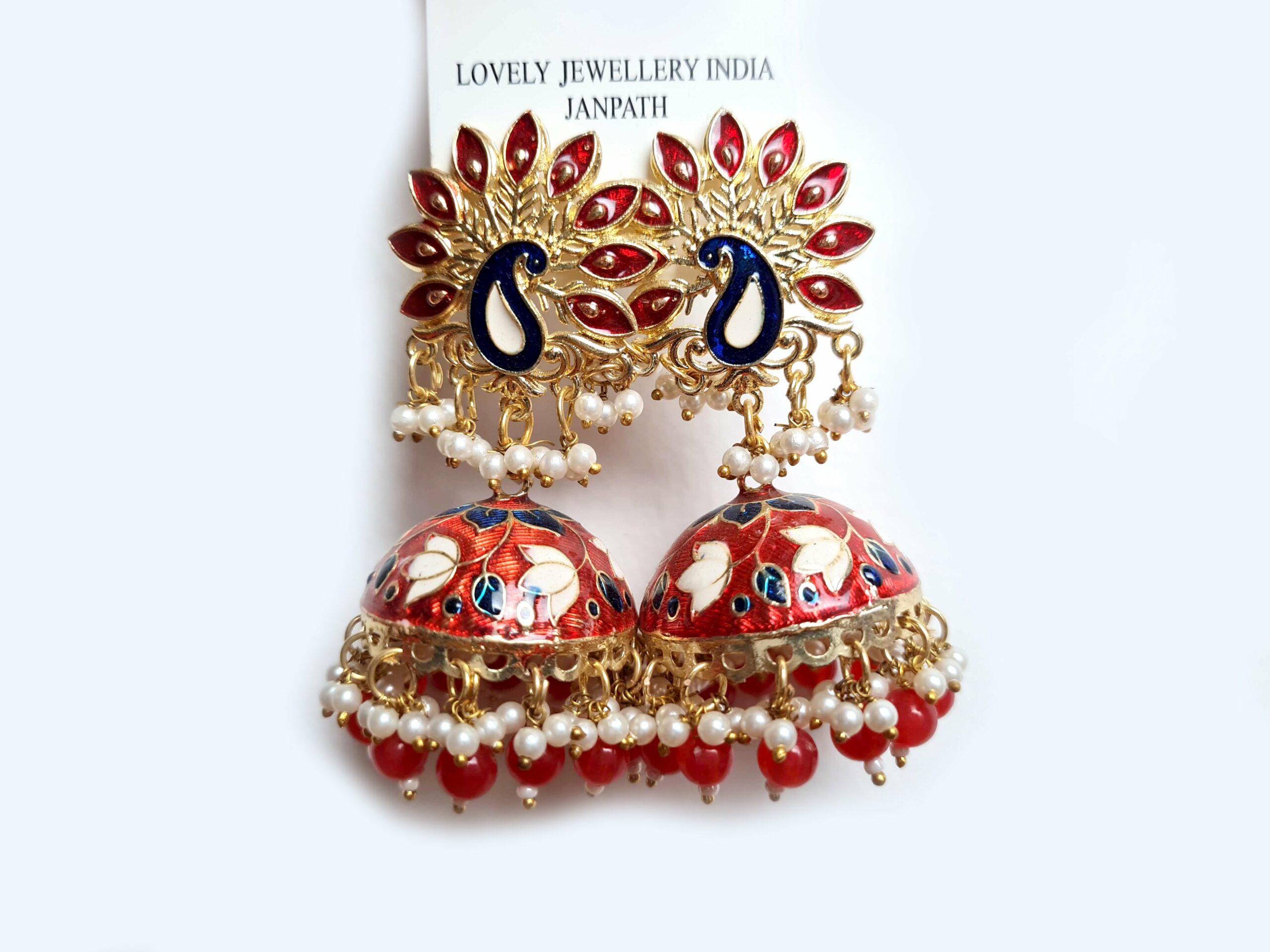 Brinco indiano Meenakari Jhumka vermelho e marinho design pavão