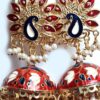 Brinco indiano Meenakari Jhumka vermelho e marinho design pavão