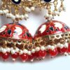Brinco indiano Meenakari Jhumka vermelho e marinho design pavão