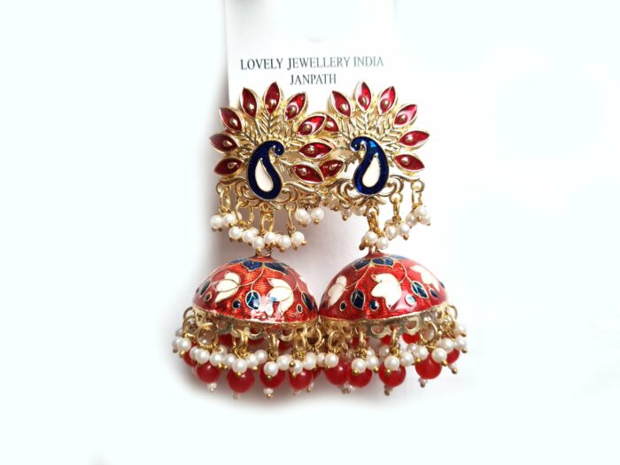 Brinco indiano Meenakari Jhumka vermelho e marinho design pavão