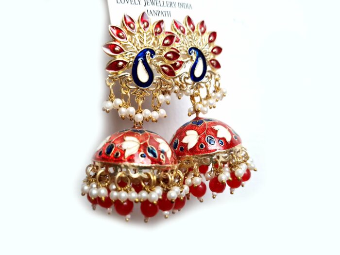 Brinco indiano Meenakari Jhumka vermelho e marinho design pavão