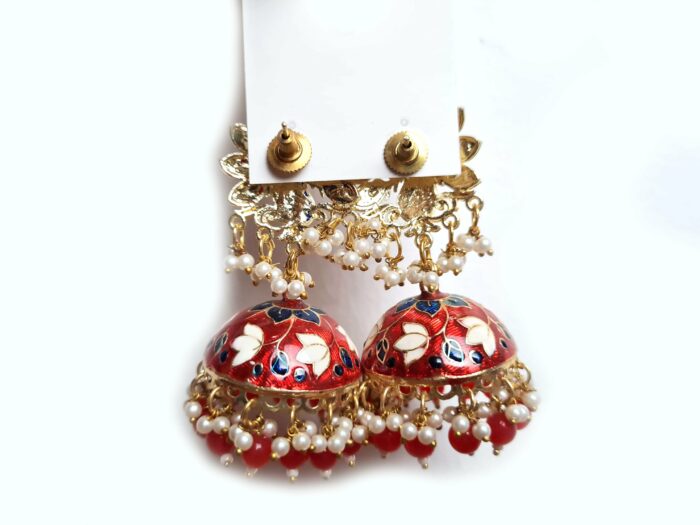 Brinco indiano Meenakari Jhumka vermelho e marinho design pavão