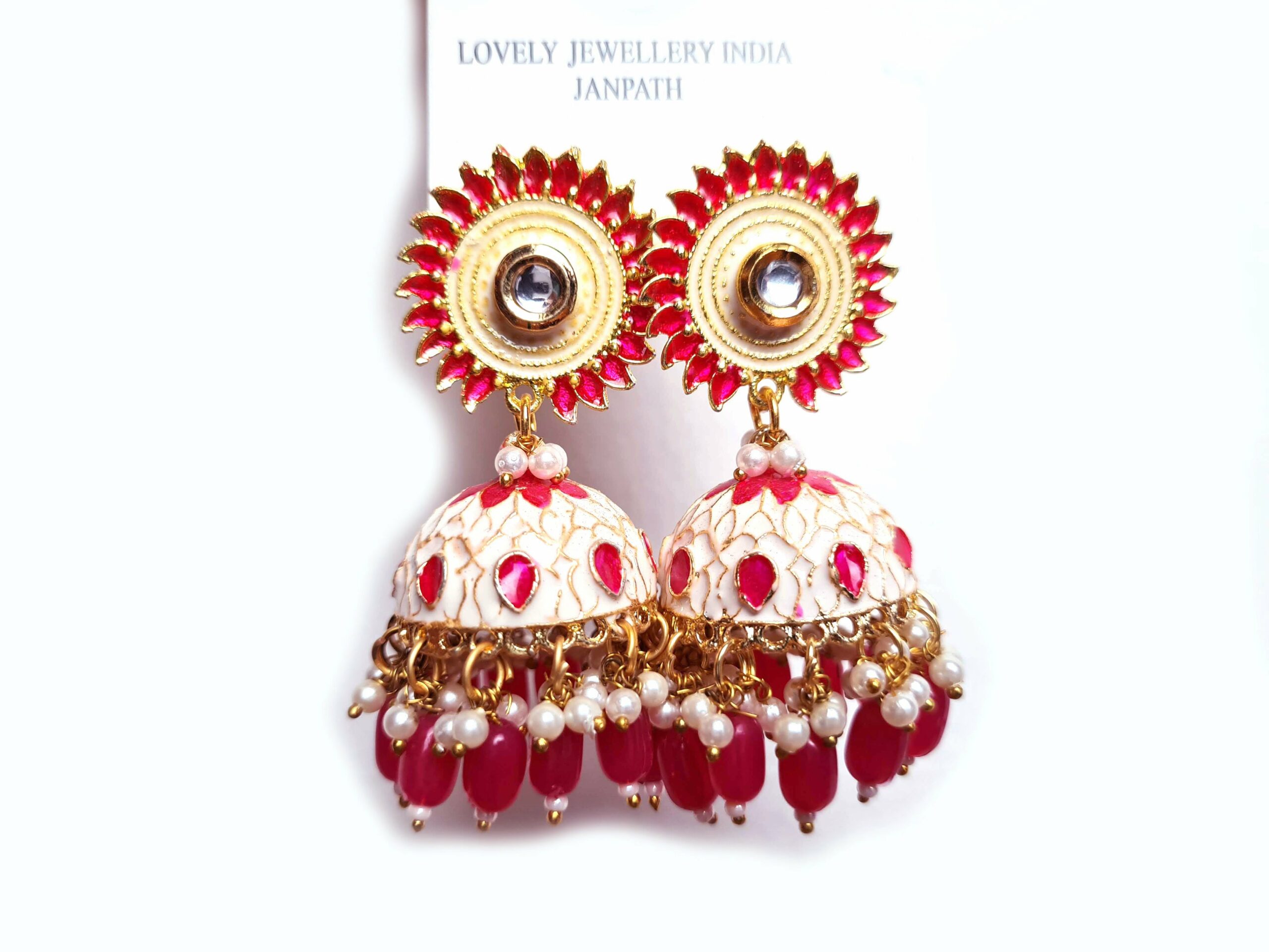 Brinco indiano Meenakari Jhumka esmaltado rosa e off-white