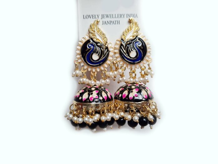 Brinco indiano Meenakari Jhumka marinho e rosa design pavão