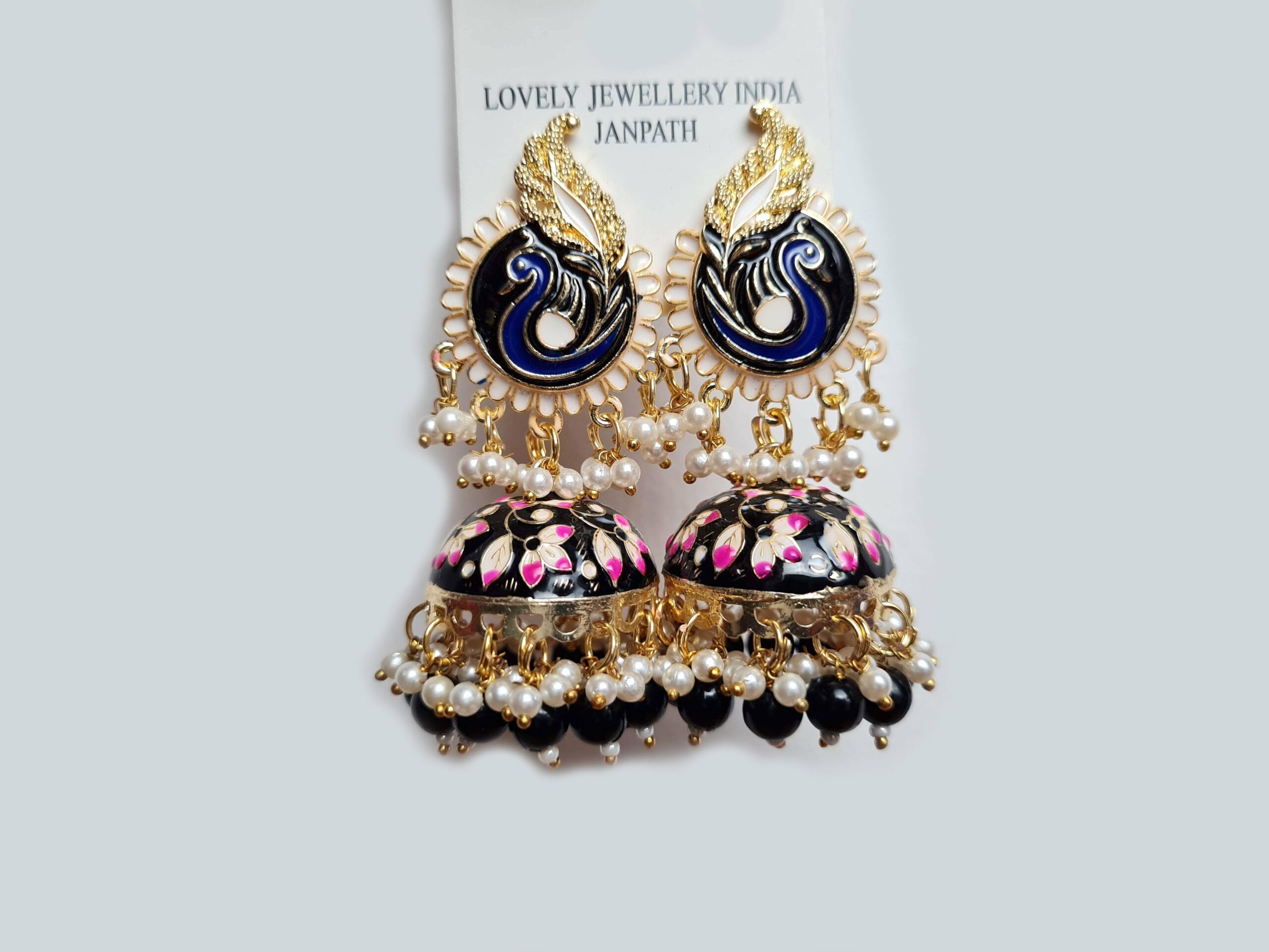 Brinco indiano Meenakari Jhumka marinho e rosa design pavão