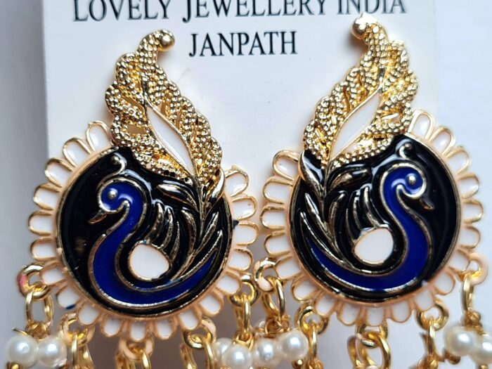 Brinco indiano Meenakari Jhumka marinho e rosa design pavão
