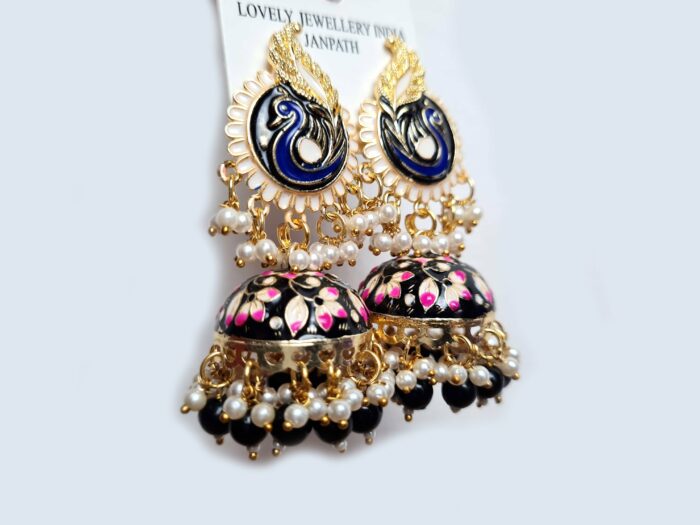 Brinco indiano Meenakari Jhumka marinho e rosa design pavão