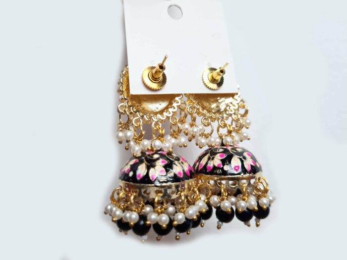 Brinco indiano Meenakari Jhumka marinho e rosa design pavão