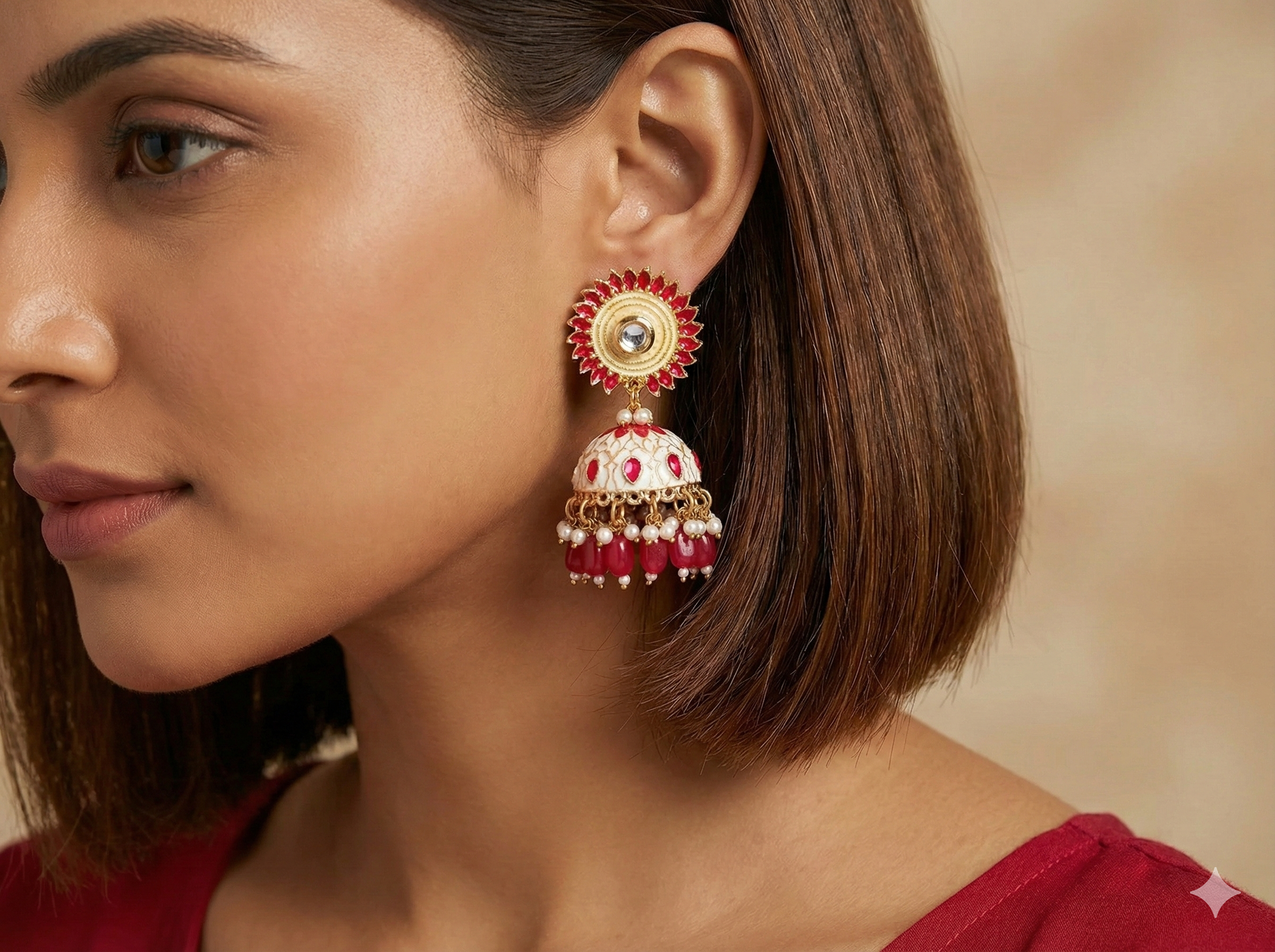 Brinco indiano Meenakari Jhumka esmaltado rosa e off-white