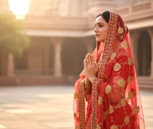 Dupatta vermelha e dourada de noiva com bordados pedras e barra luxuosa
