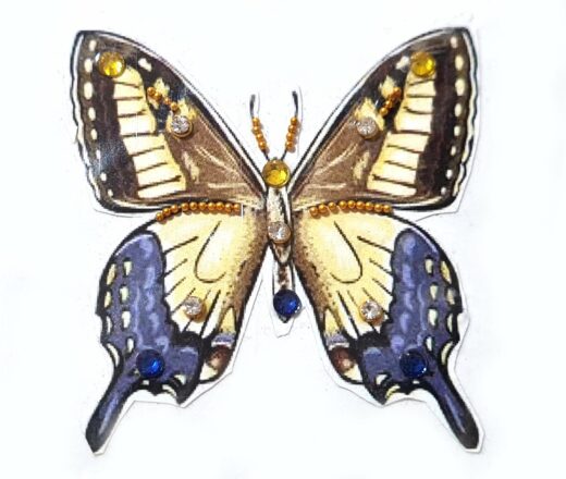 tatuagem indiana de borboleta com pedras aplicadas na imagem amarelo e azul