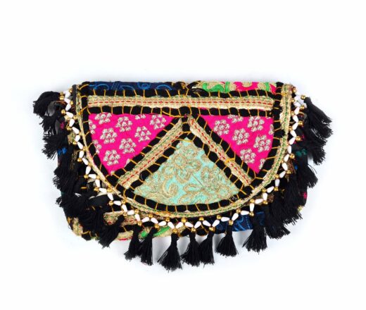 Bolsa indiana Banjara 100% bordada a mão preto e coloridos