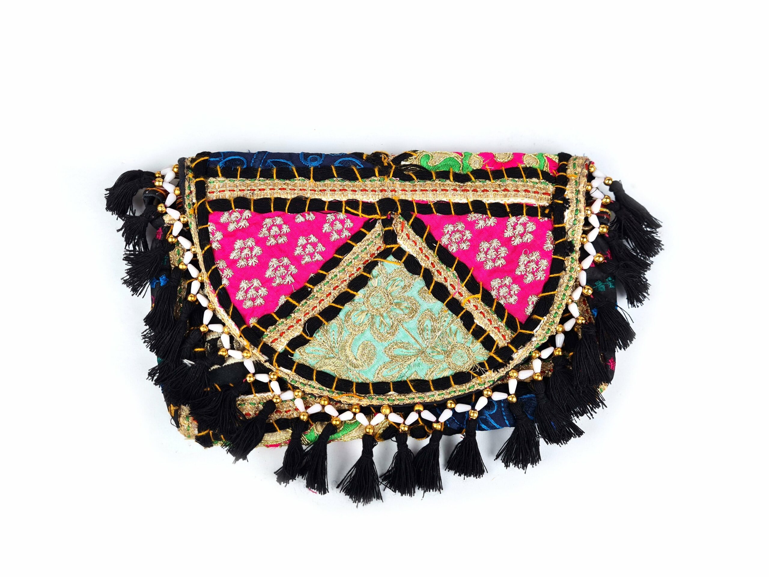 Bolsa indiana Banjara 100% bordada a mão preto e coloridos