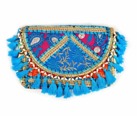 Bolsa indiana Banjara 100% bordada a mão azul claro e coloridos
