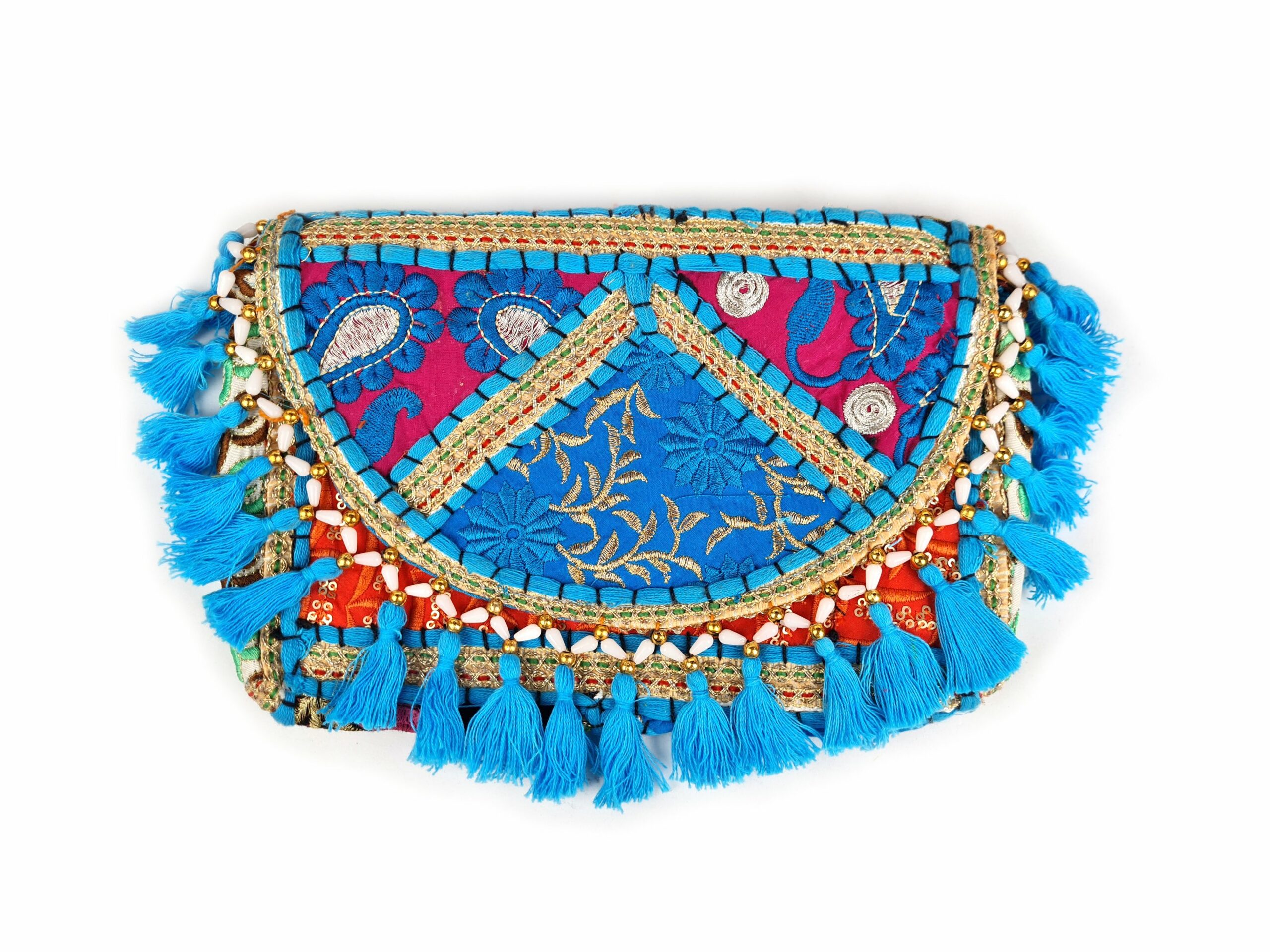 Bolsa indiana Banjara 100% bordada a mão azul claro e coloridos