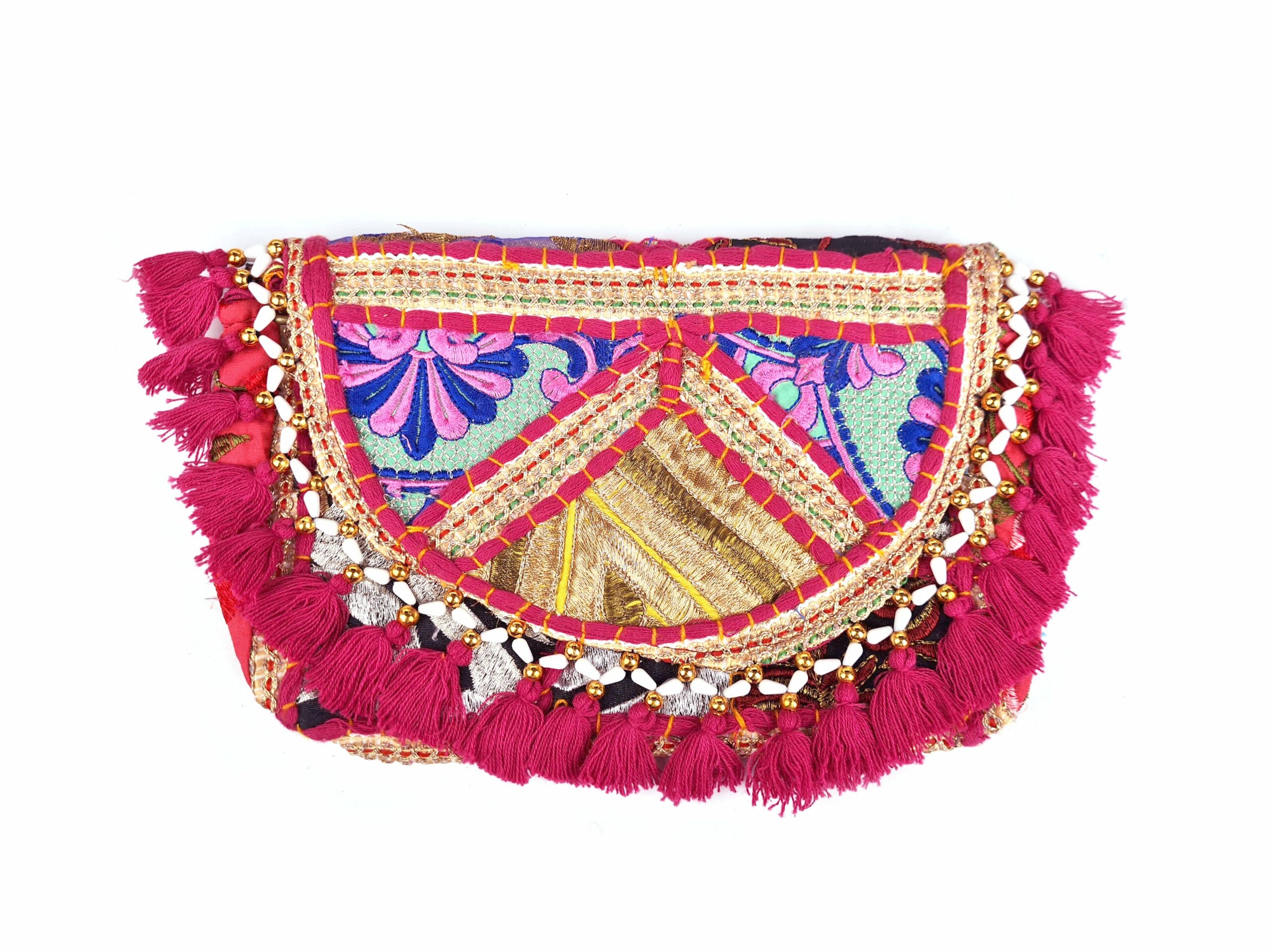 Bolsa indiana Banjara 100% bordada a mão rosa e coloridos